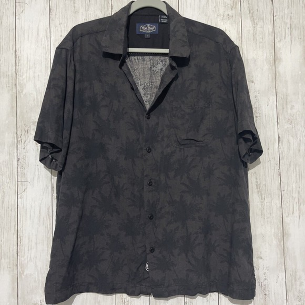 Nat Nast Mens Large Silk Cotton Short Sleeve Button Down Shirt Palm Tree Print